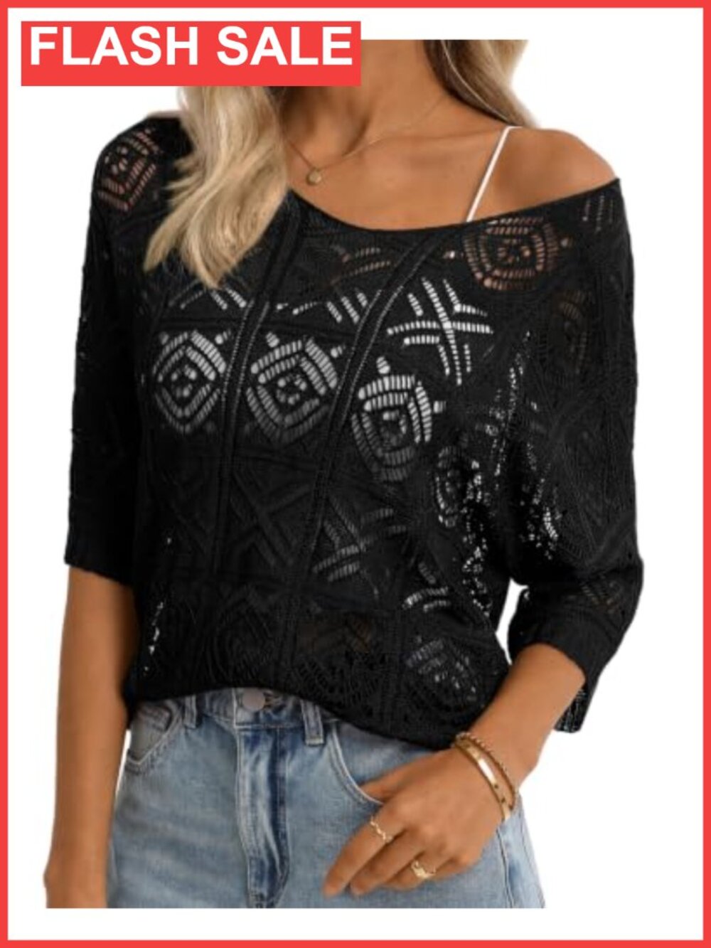 Crochet Top 3/4 Sleeve Scoop Neck Hollow Out Viscose Pullover